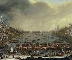 La feria de hielo del invierno de 1683-4 en el Támesis, con el Puente de Londres antiguo en la distancia. c.1685